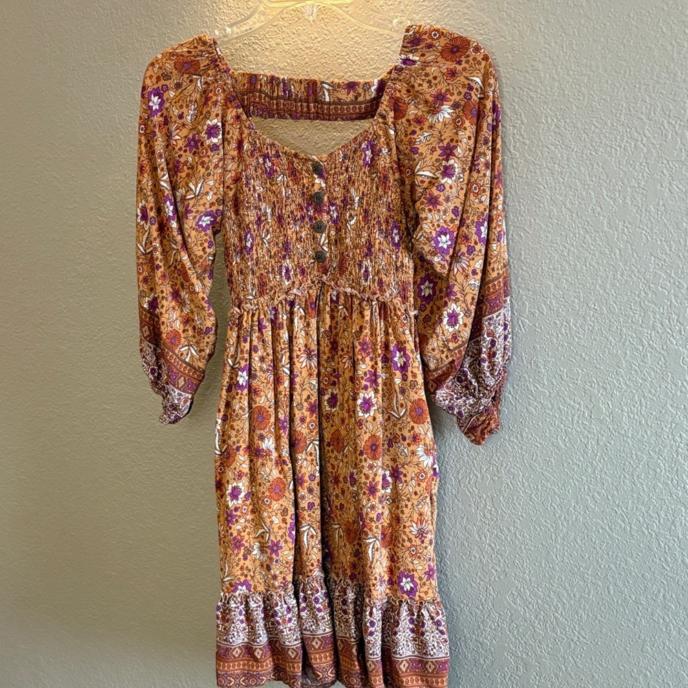 Bluivy Floral Bohemian Dress in Orange and Purple/ Size small